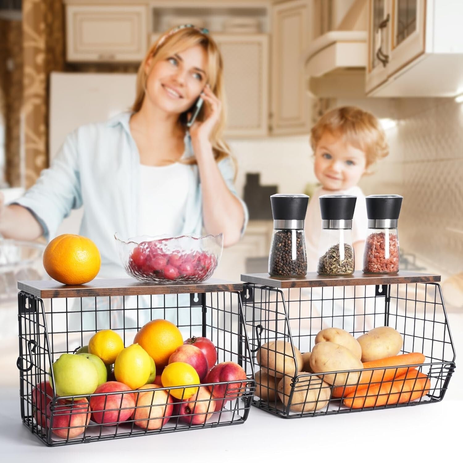 Elegant Kitchen Organizer: Metal Fruit Basket with Wooden Lid & Banana Hangers