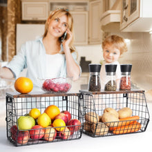 Load image into Gallery viewer, Elegant Kitchen Organizer: Metal Fruit Basket with Wooden Lid &amp; Banana Hangers
