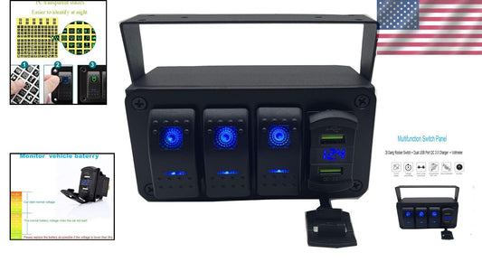 Aluminum Rocker Switch Panel with LED Voltmeter & Dual USB Charger for Boats