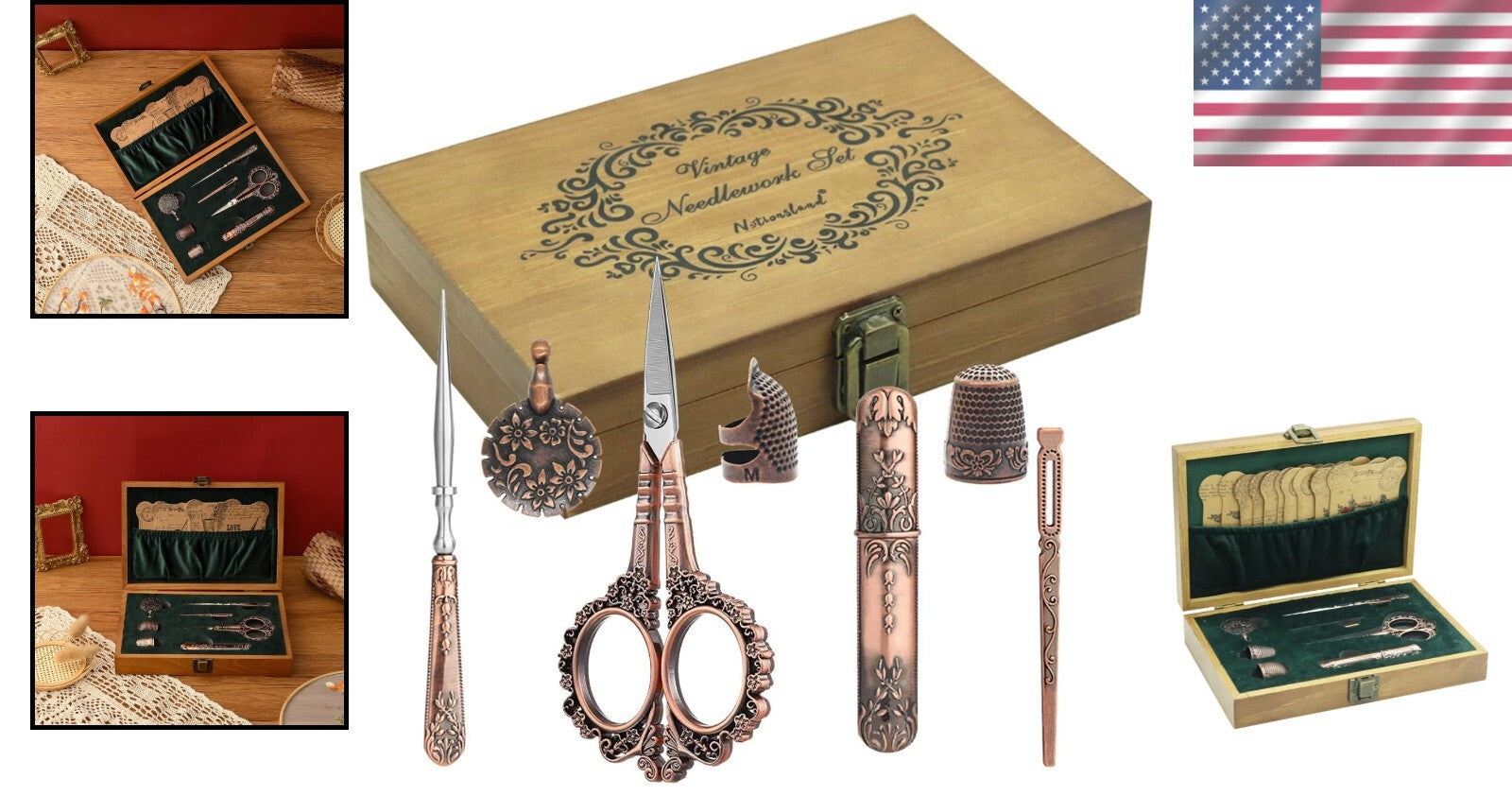European Style Sewing Tools Set - Antique Scissors & Accessories in Wood Box