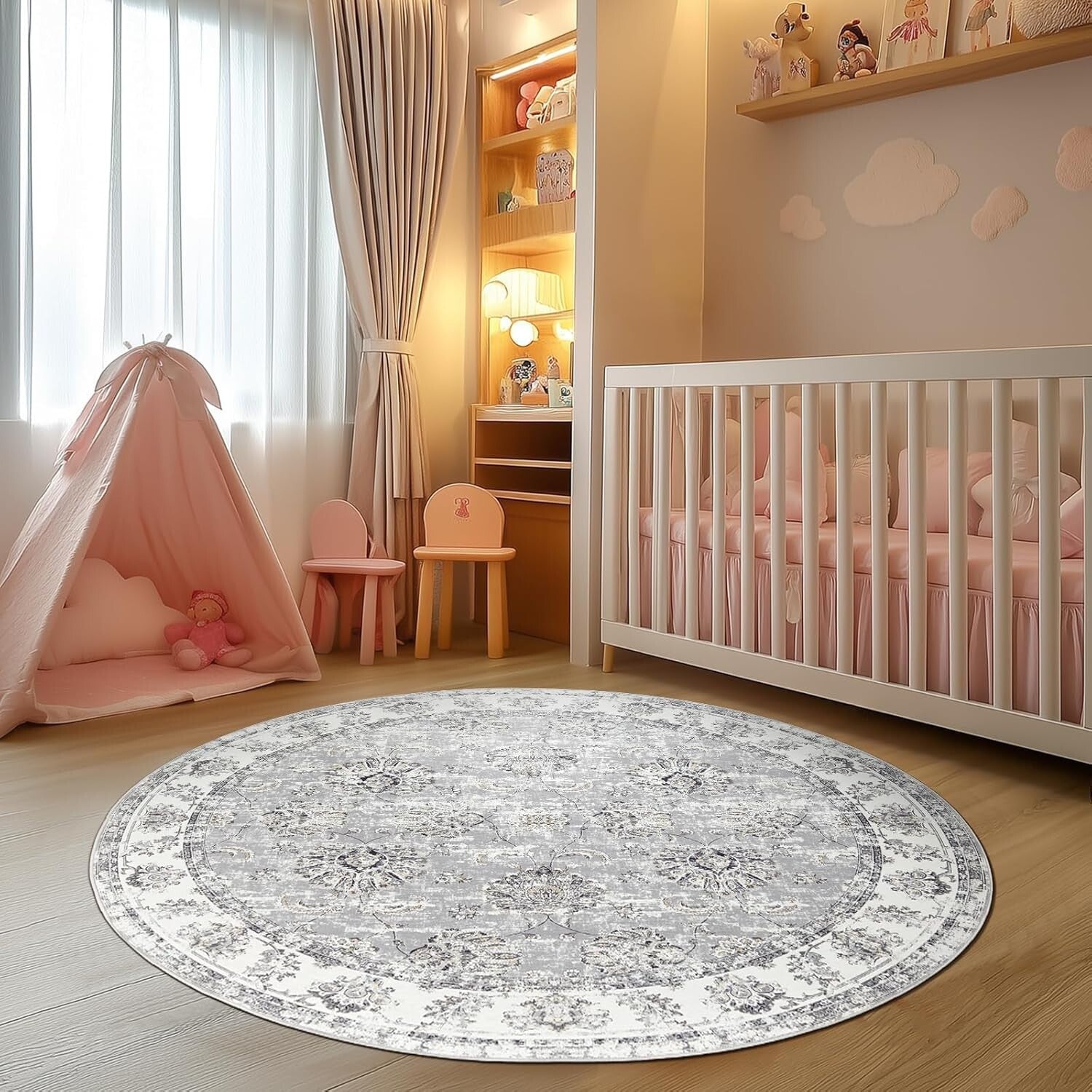 6ft Round Floral Distressed Area Rug - Machine Washable & Non-Slip Grey Elegance
