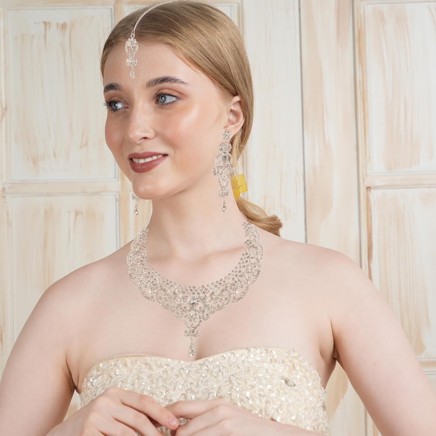 Bridal Elegance: White Crystal Jewelry Set with Necklace & Extra Long Earrings