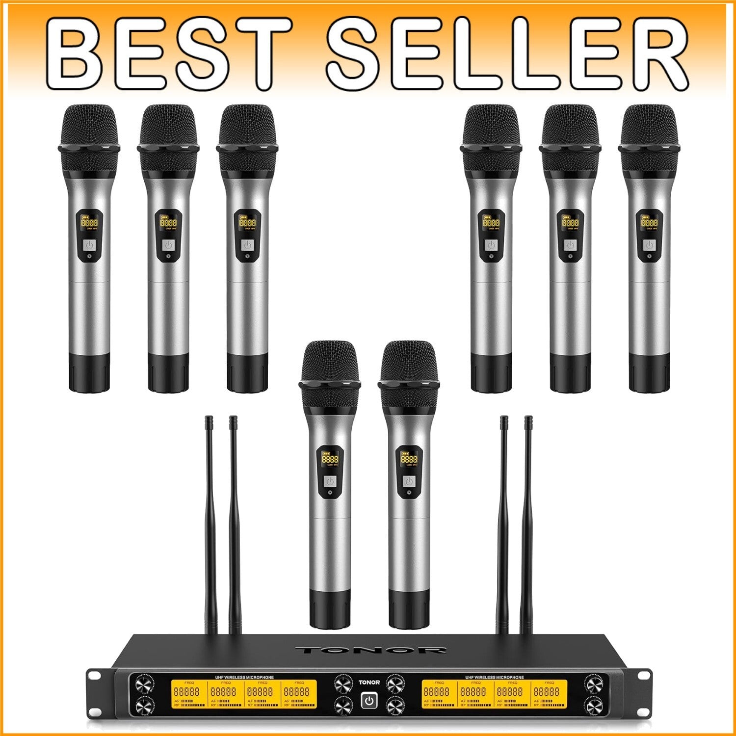 Durable UHF Wireless Mic System - 12 Channels, 8 Handheld Mics, Mute Function