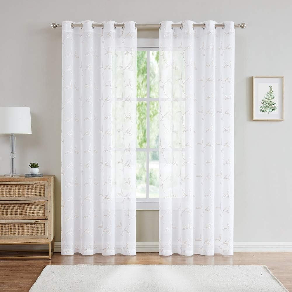 Elegant Sheer White Faux-Linen Curtains with Leaf Embroidery, 54" x 84"