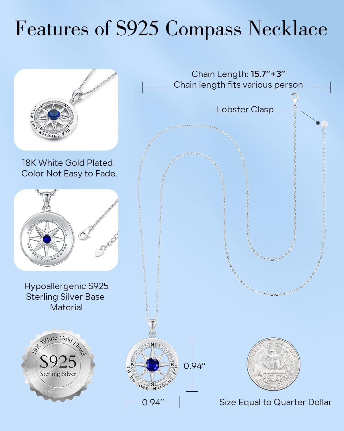 Sterling Silver Compass Necklace with Cubic Zirconia - Perfect Gift for Her