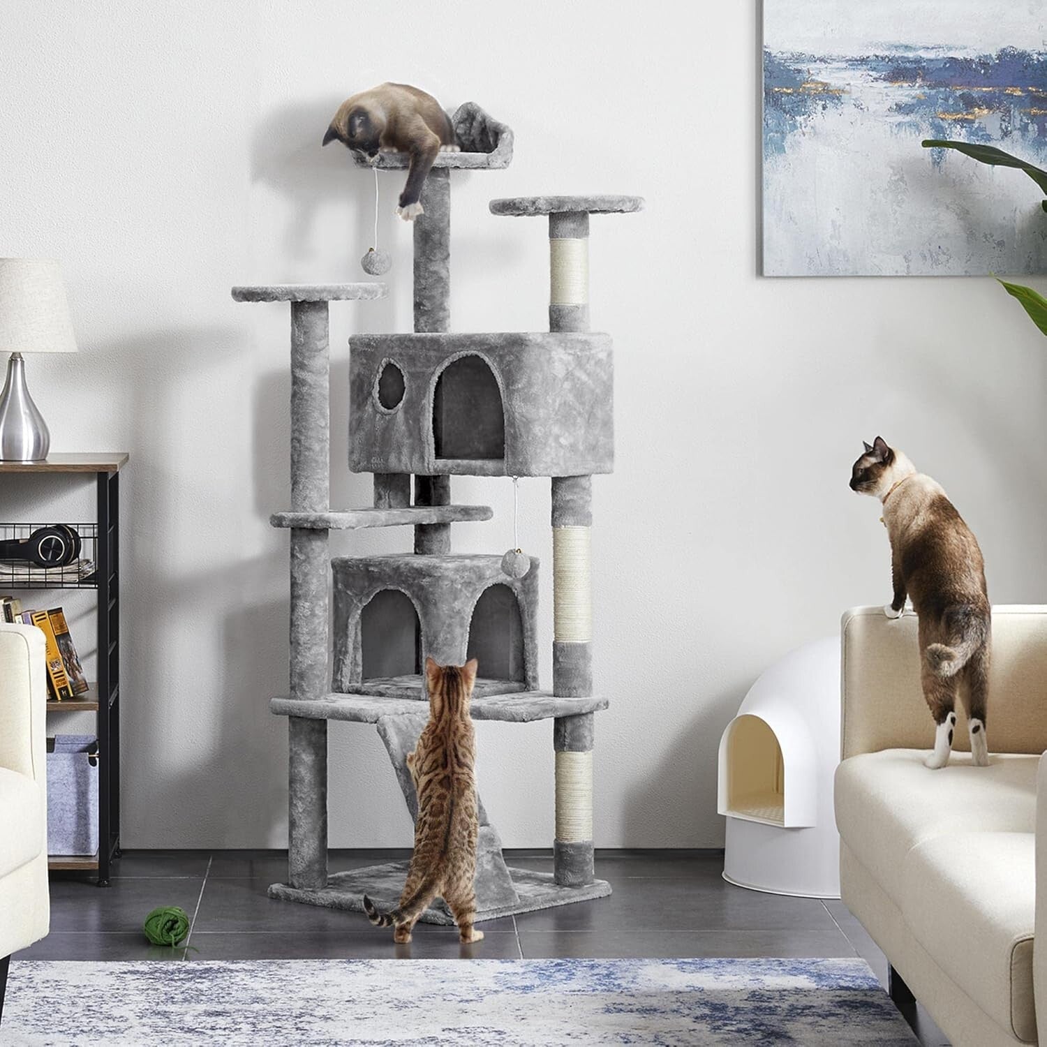 Light Gray Cat Condo with Three Platforms & Scratching Posts - Easy Assembly