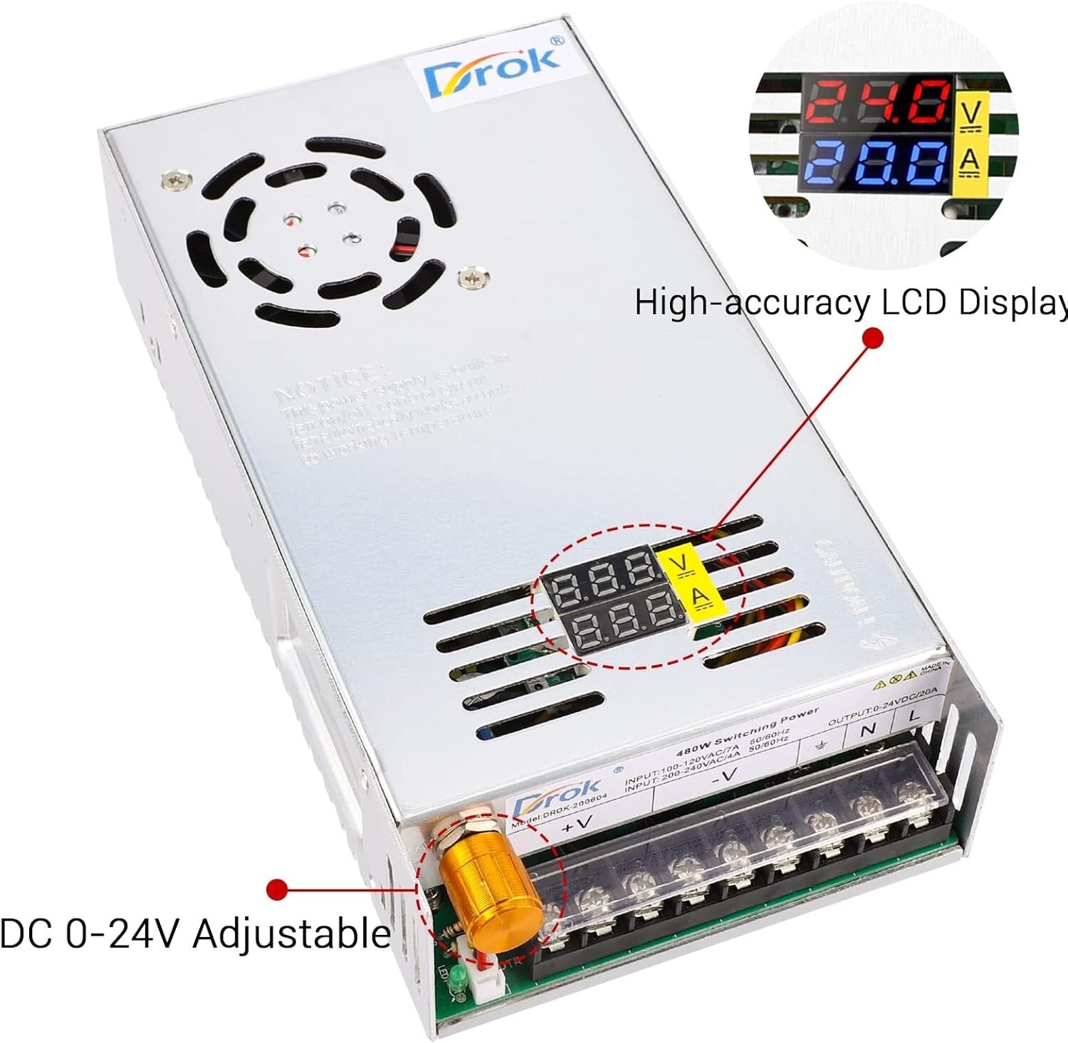 480W Adjustable Power Supply with Dual LED Display, 20A Current Capacity