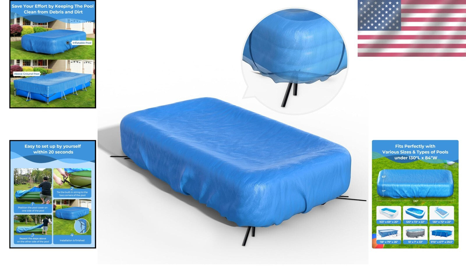 Easy One-Person Setup Inflatable Pool Cover - Fits Pools Up to 130" L x 84" W