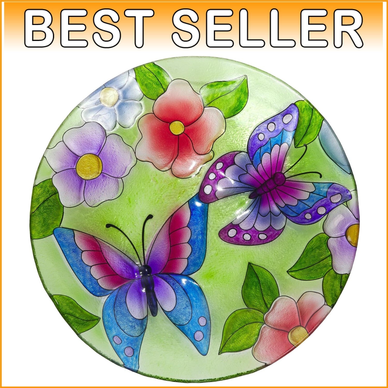 Decorative 18" Glass Birdbath Bowl with Butterfly & Floral Design for Outdoors