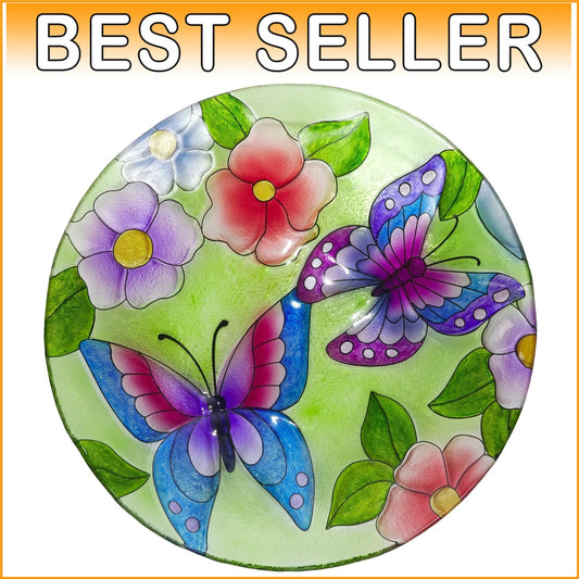 Decorative 18" Glass Birdbath Bowl with Butterfly & Floral Design for Outdoors