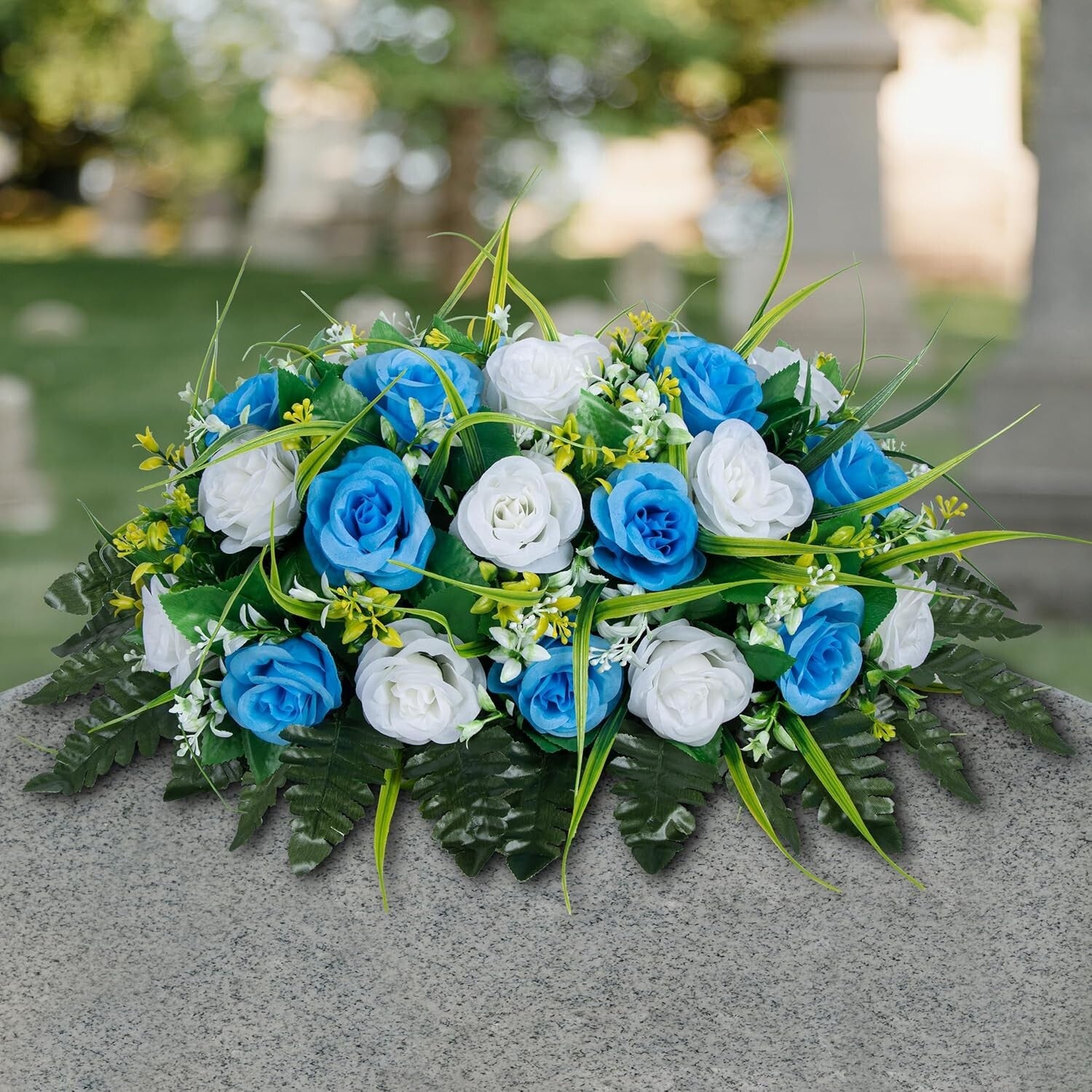 Elegant Artificial Cemetery Flowers Saddle - Light Blue & White Rose Decor