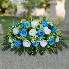 Load image into Gallery viewer, Elegant Artificial Cemetery Flowers Saddle - Light Blue &amp; White Rose Decor