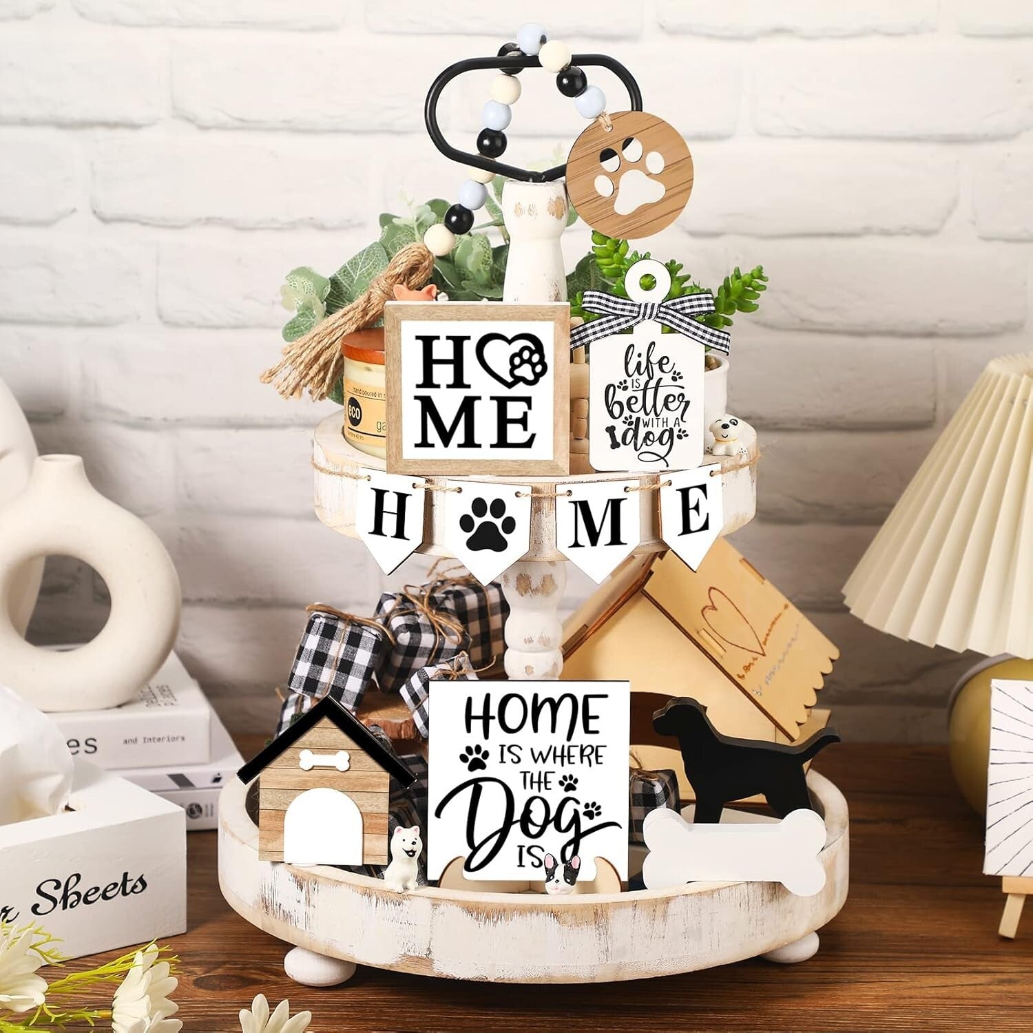 Sturdy Rustic Wooden Tiered Tray Decor with Personalized Dog-Themed Accessories