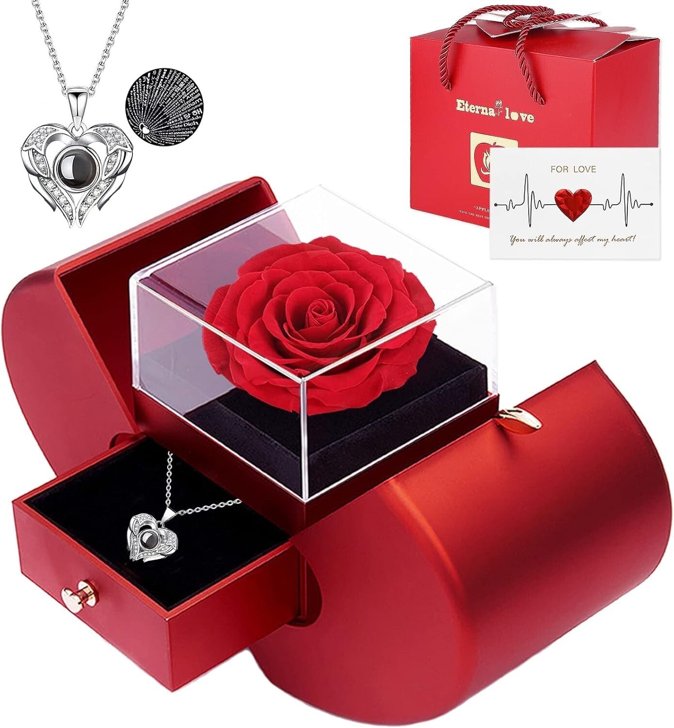 Unique Valentine's Gift: Real Rose & 100 Languages 'I Love You' Pendant Necklace