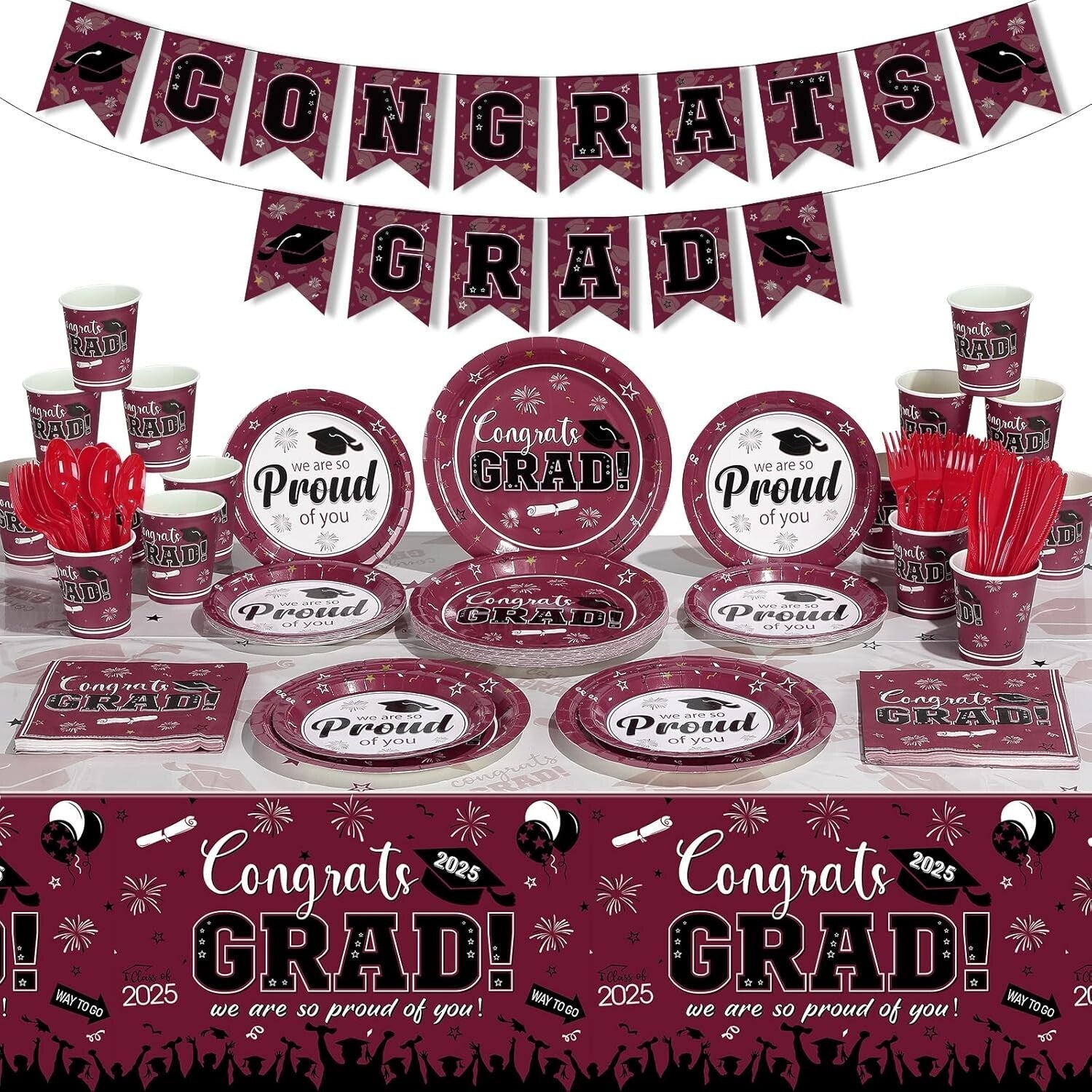 Elegant Maroon Graduation Dinnerware Set for Up to 50 Guests - Class of 2025