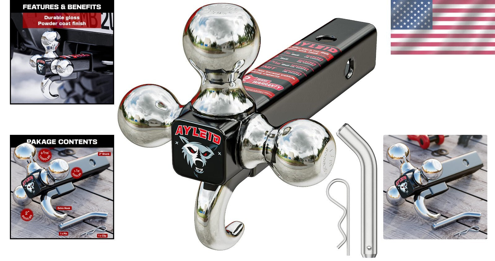 Durable Powder Coated Tri-Ball Hitch with 12000 LBS Capacity & Lifetime Warranty