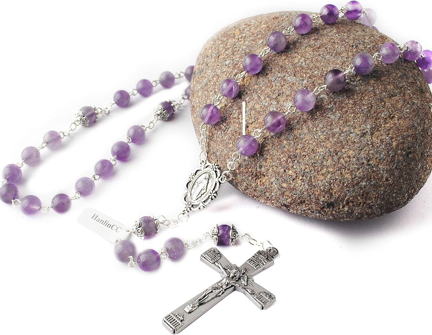 Luxury Amethyst Crystal Rosary Necklace with Detailed Engravings & Faux-Silver