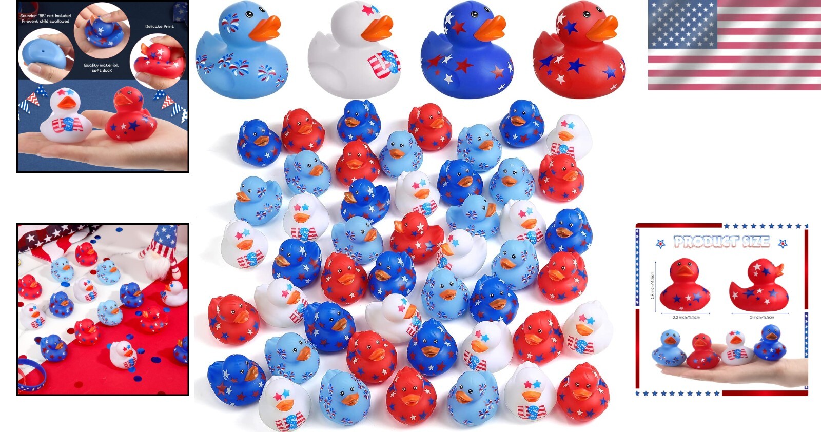 Classic Patriot Ducks - 96pcs Rubber Ducky Set for Kids’ Parties & Showers