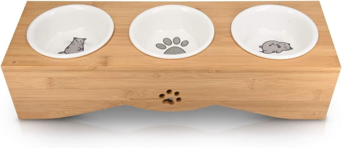 Eco-Friendly Elevated Pet Bowl Set - 3 Ceramic Dishes in Bamboo Stand for Cats