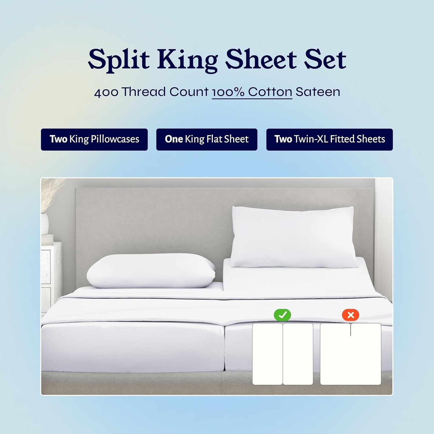Breathable & Soft 400 TC Split King Sheets with Deep Pockets - Ultimate Comfort