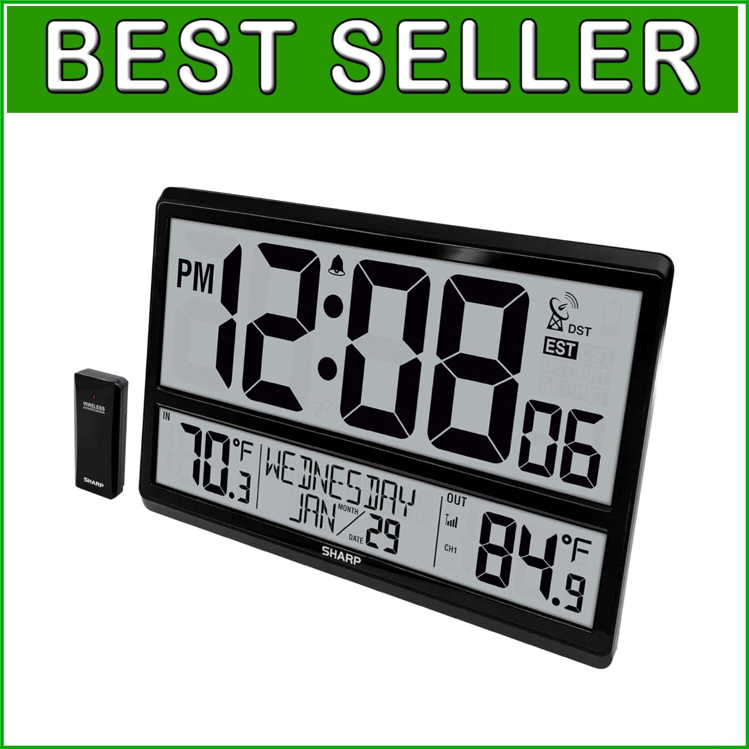 Wireless Outdoor Sensor & Easy-Read Atomic Clock - Battery Powered, 4" Display
