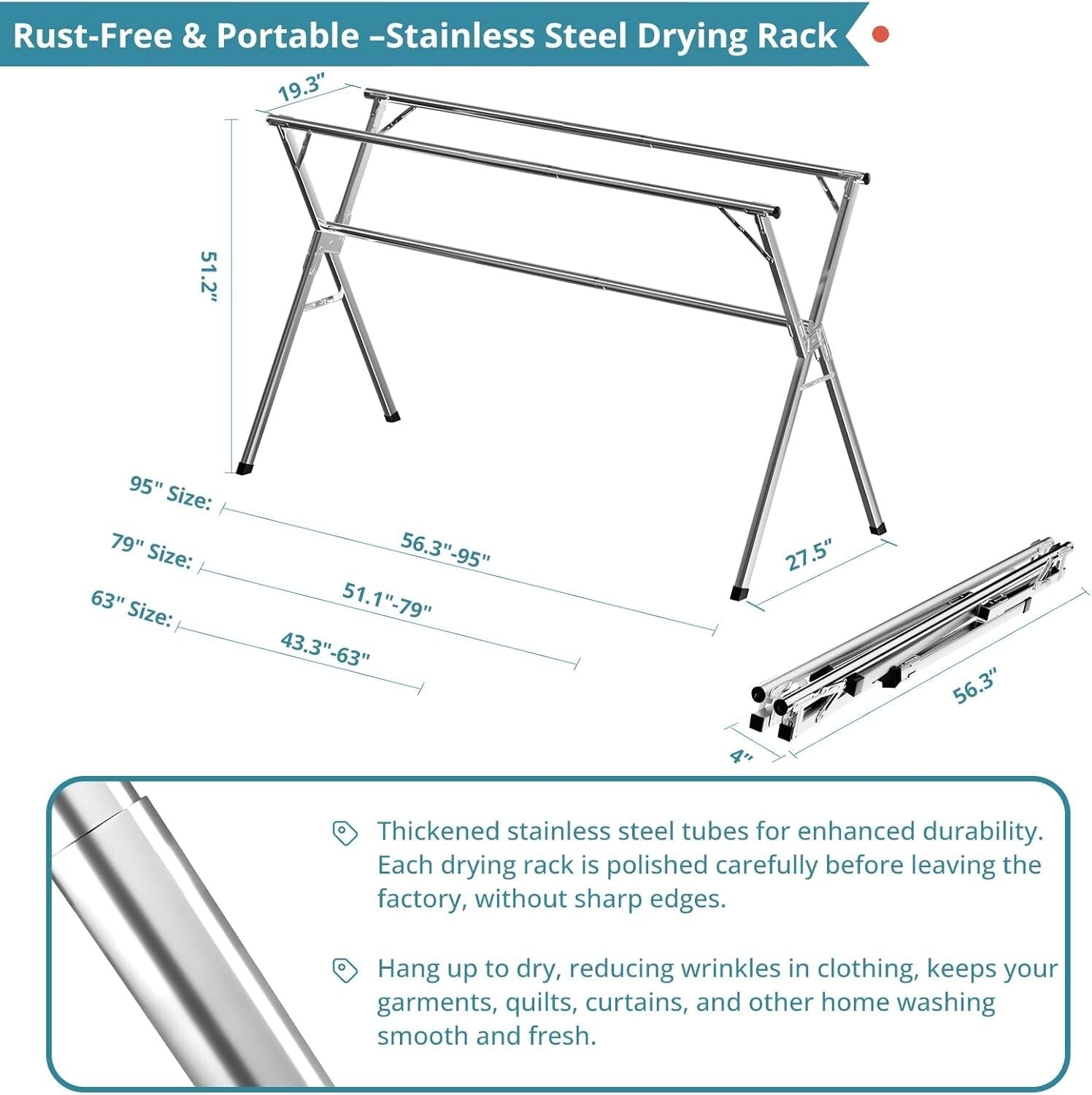 95-Inch Heavy Duty Stainless Steel Clothes Drying Rack with 20 Windproof Hooks
