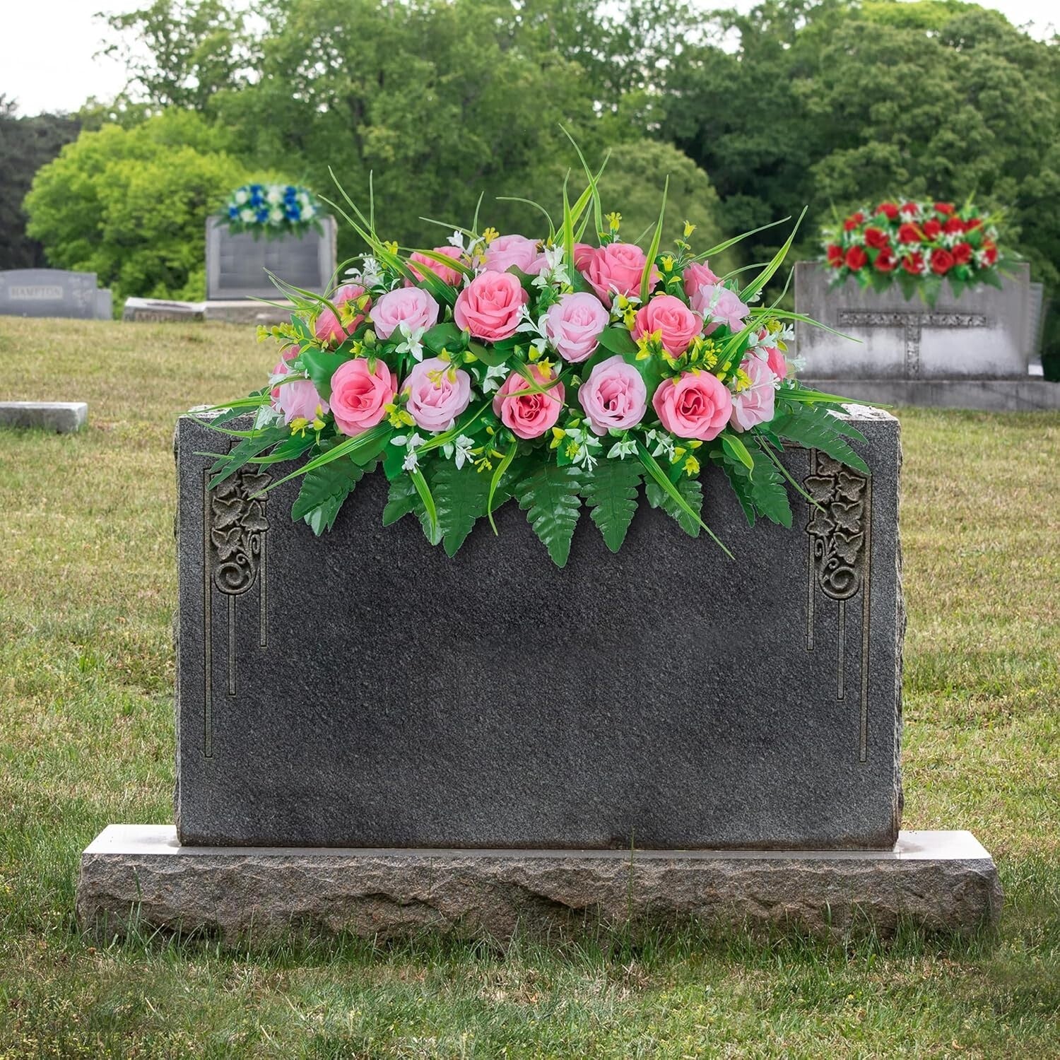 Vibrant Pink Silk Flower Saddle for Outdoor Grave Decoration - 24” Long