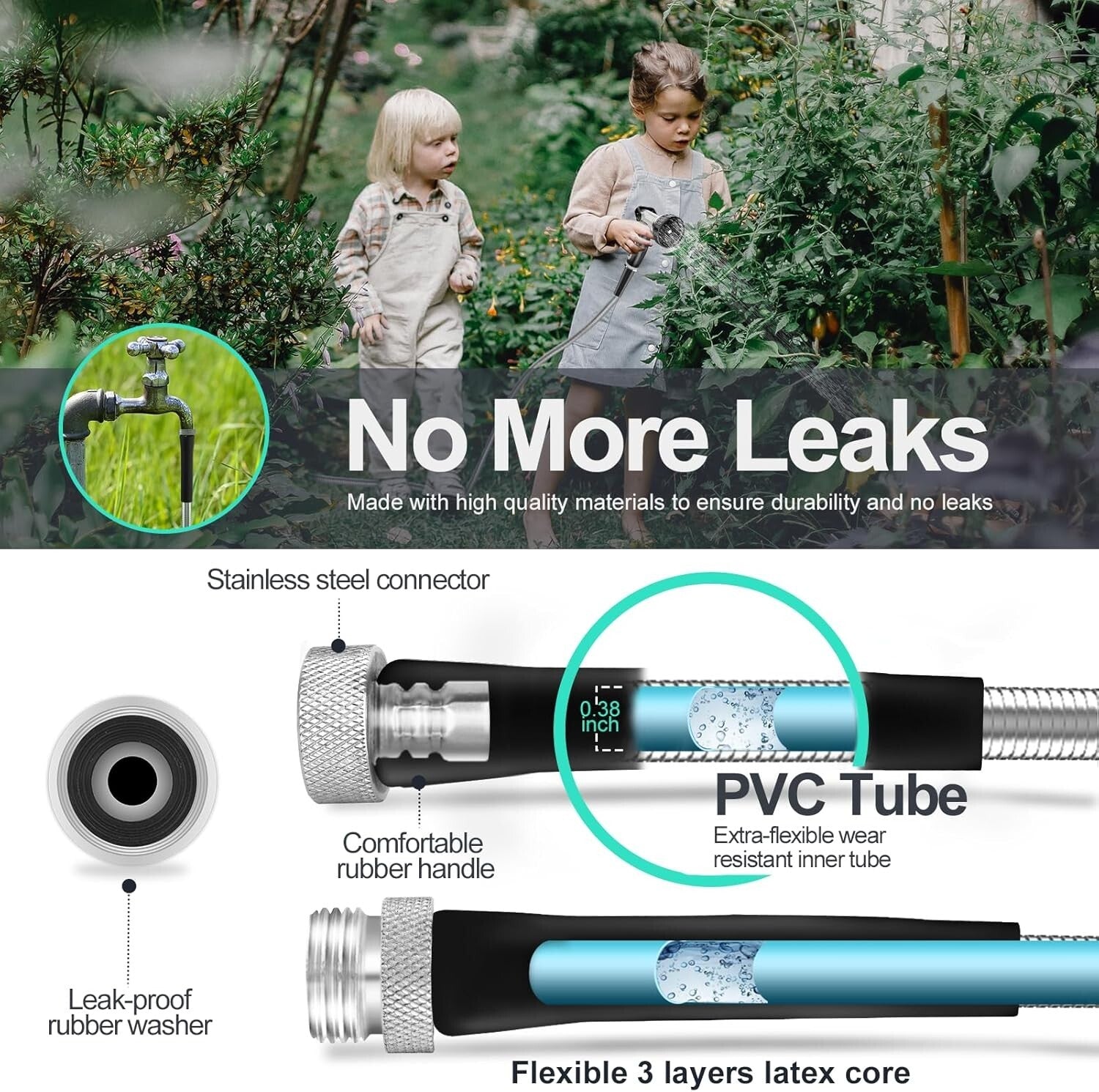 Durable 50ft Garden Hose with Upgraded 8-Way Nozzle - Flexible & Leak Resistant