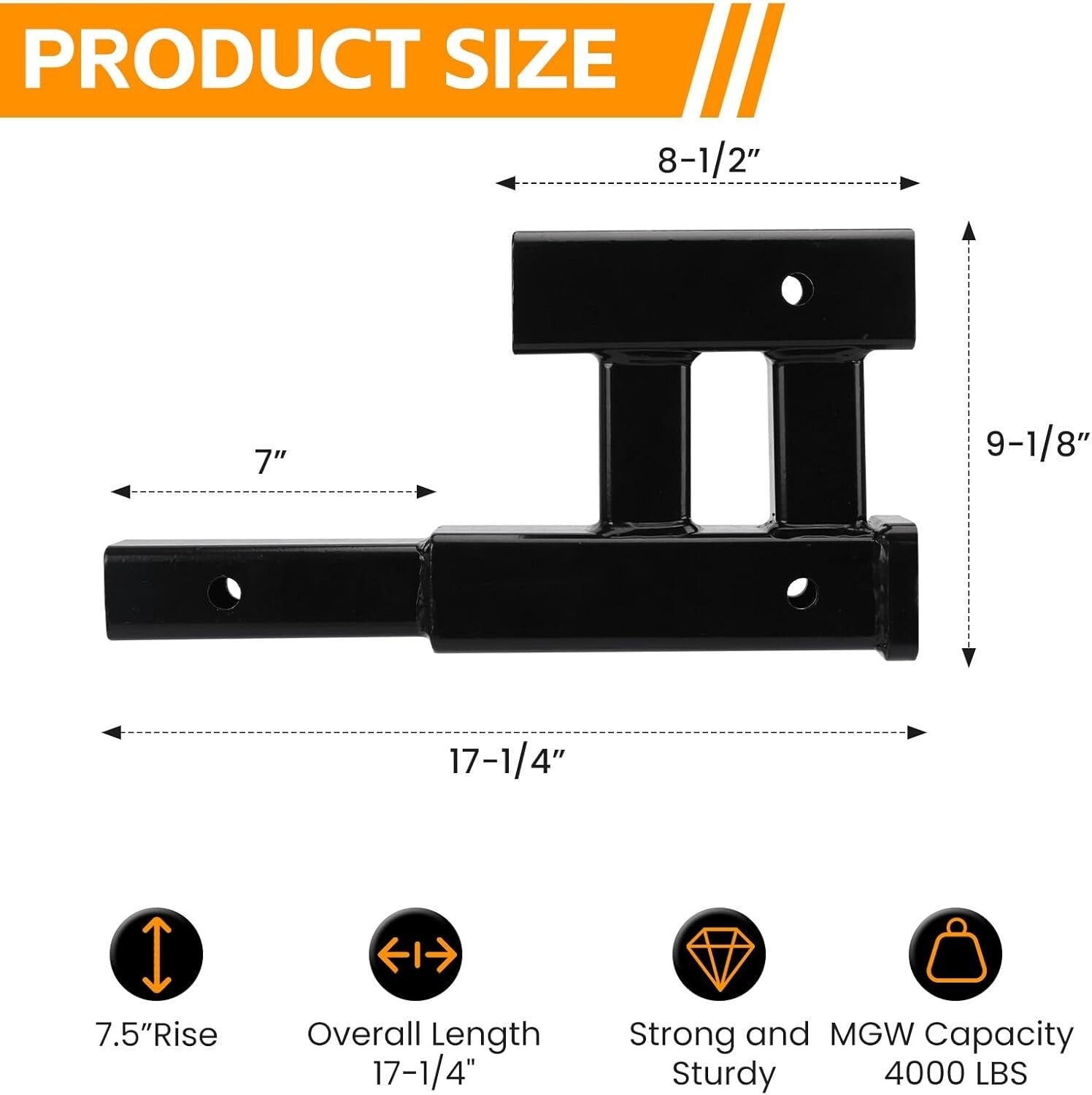 4000lbs Dual Hitch Extension - 2 Inch Receiver Adapter with Adjustable Rise/Drop