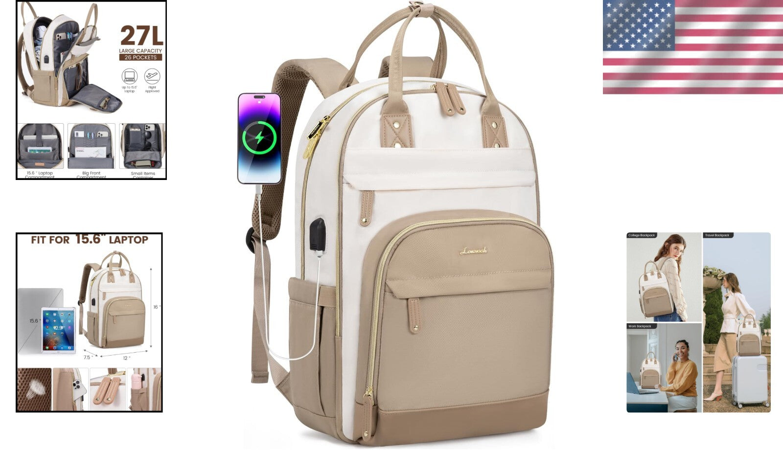 Durable USB Charging Backpack for 15.6 Inch Laptop - Water-Resistant Beige-Khaqi