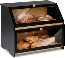 Load image into Gallery viewer, Modern Black Bread Keeper - Double-Layer Bamboo Storage with Plexiglass Window