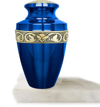Load image into Gallery viewer, Beautiful Decorative Burial Urn for Adult Ashes - Blue and Gold Aluminum Finish