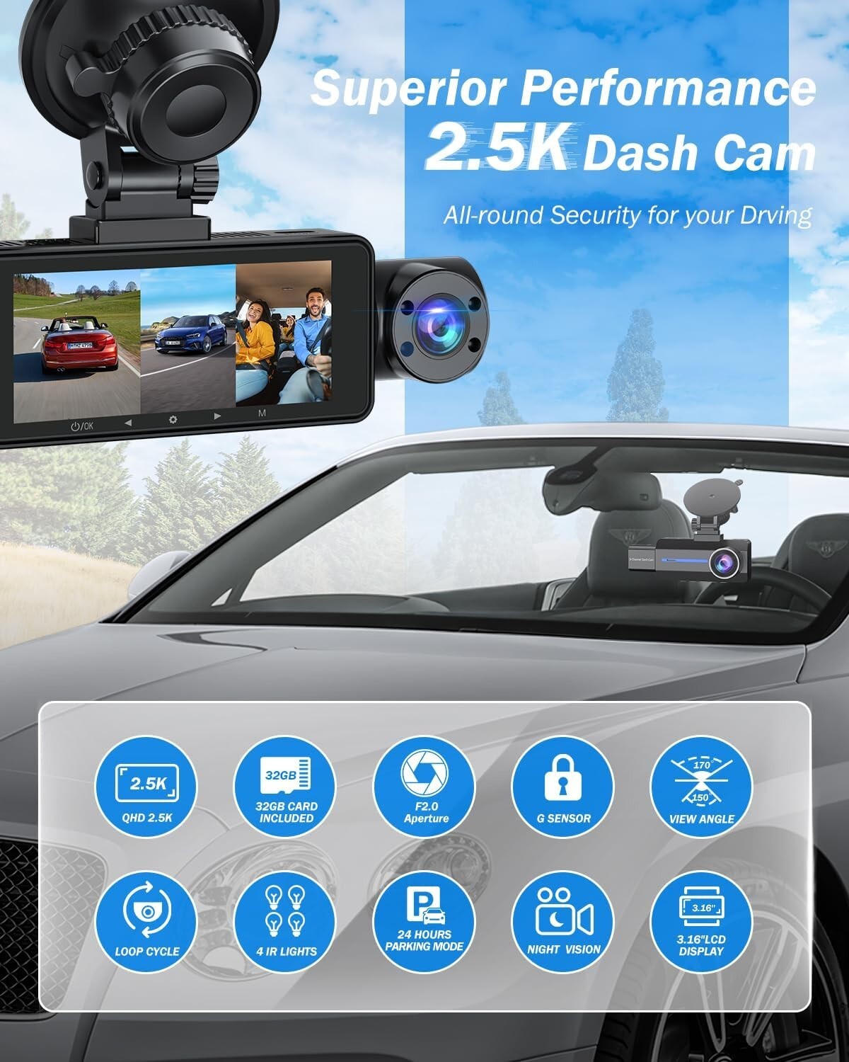Advanced 2.5K Triple Car Dash Cam with IR Night Vision & 24Hr Parking Guard