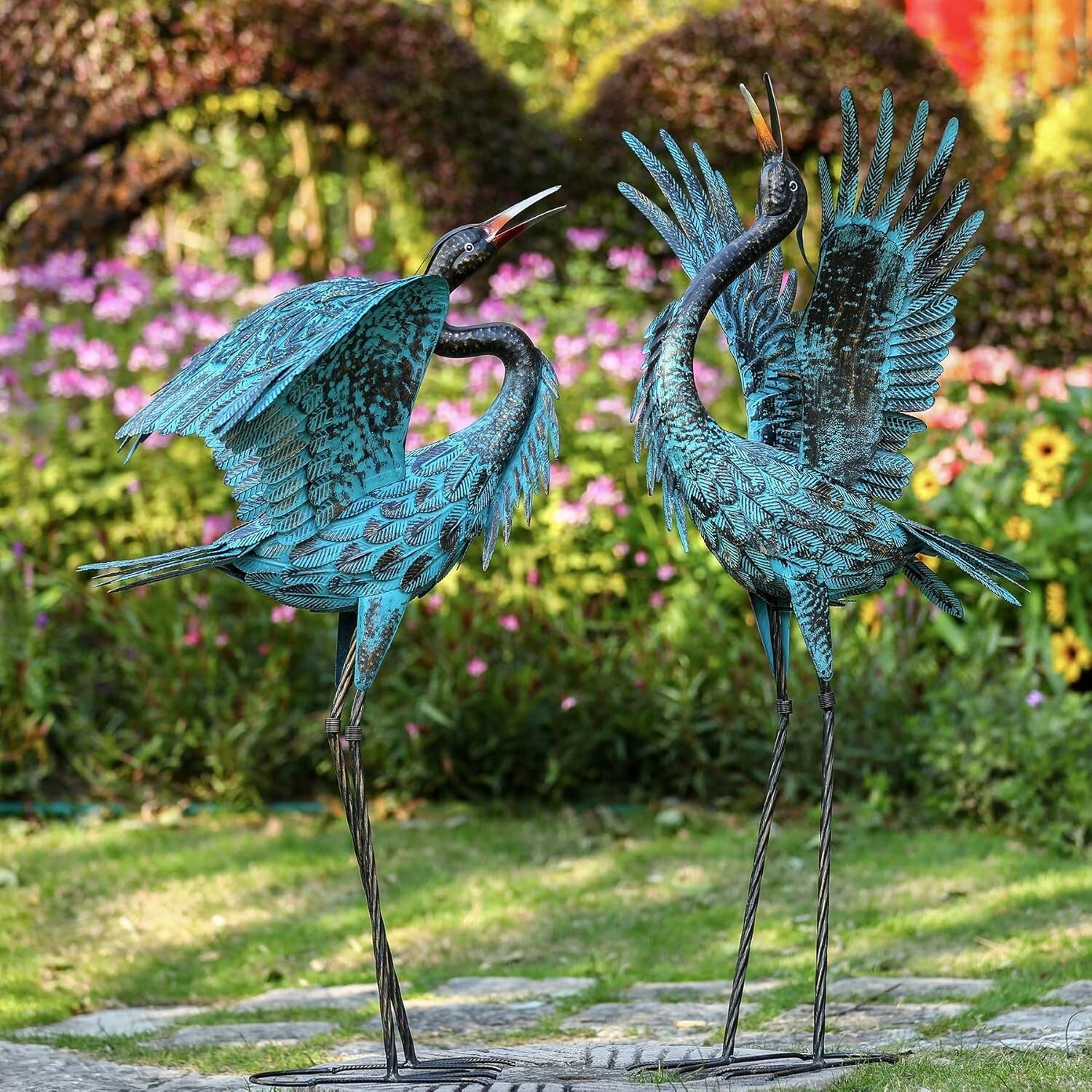 Elegant Handmade Garden Crane Sculptures - Blue Metal Bird Yard Art Set