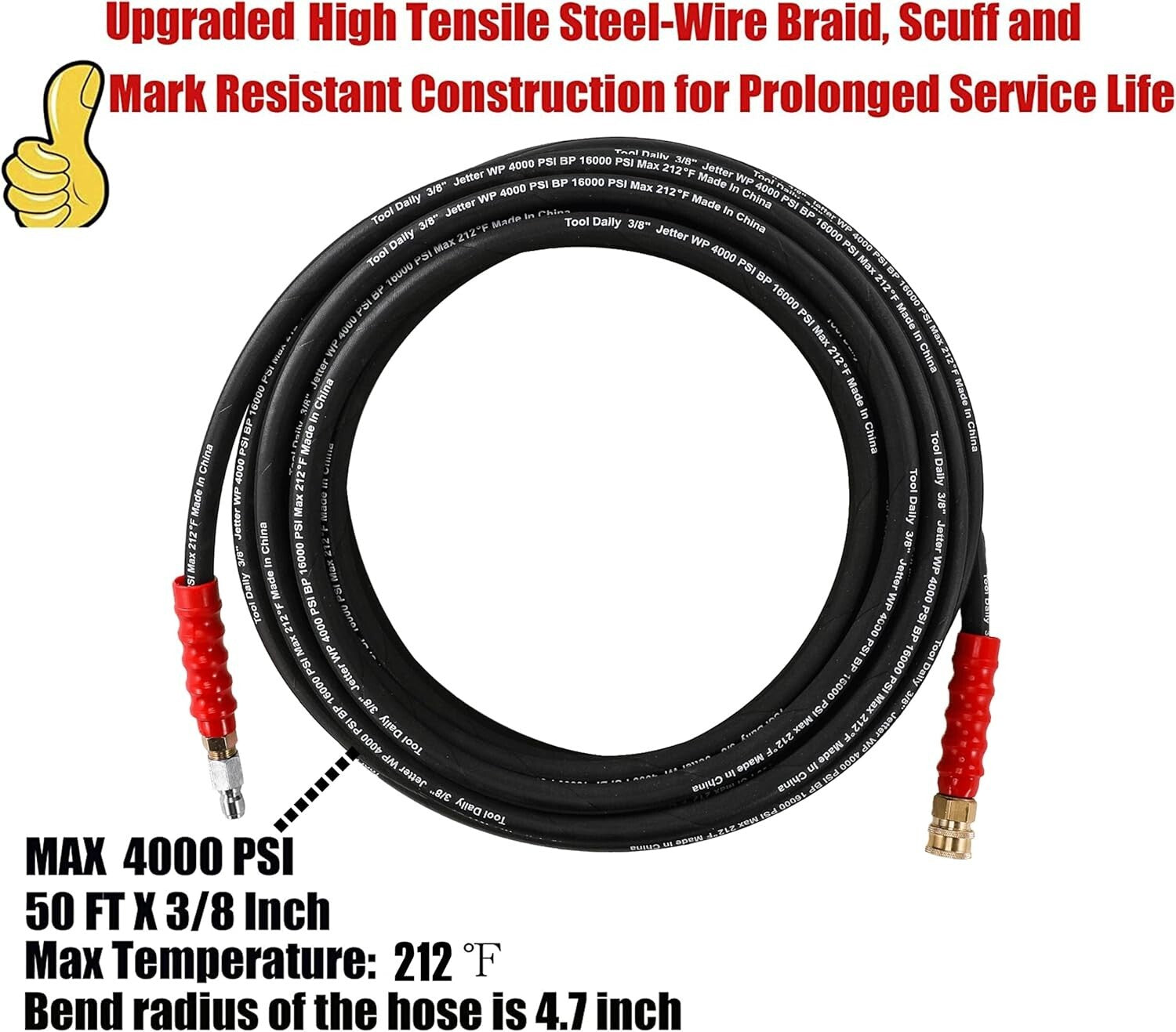 High-Pressure 3/8 Inch x 50 FT Pressure Washer Hose with Quick Connect Fitting