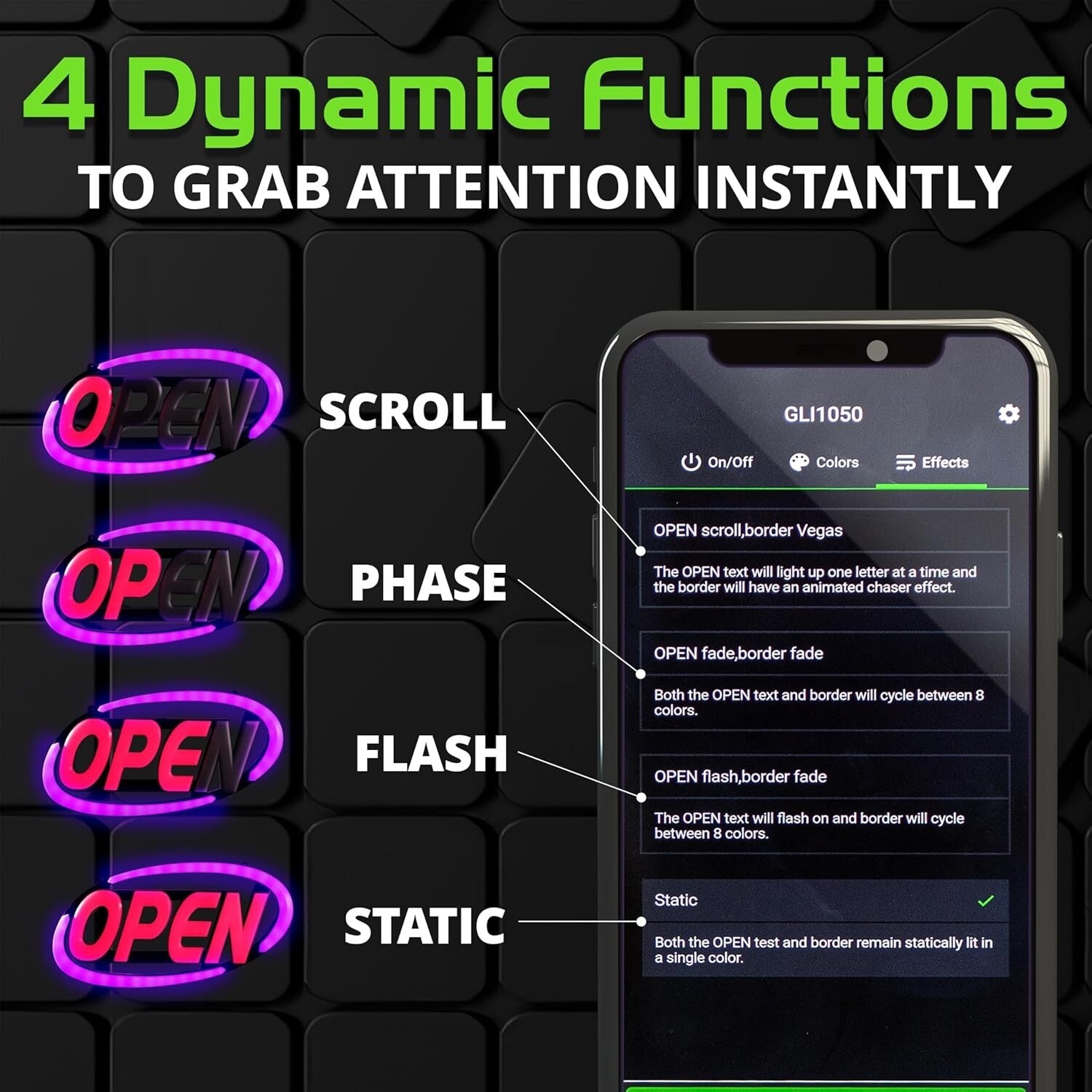 Customizable LED Open Sign - 64 Colors, App Control & Dynamic Display Functions