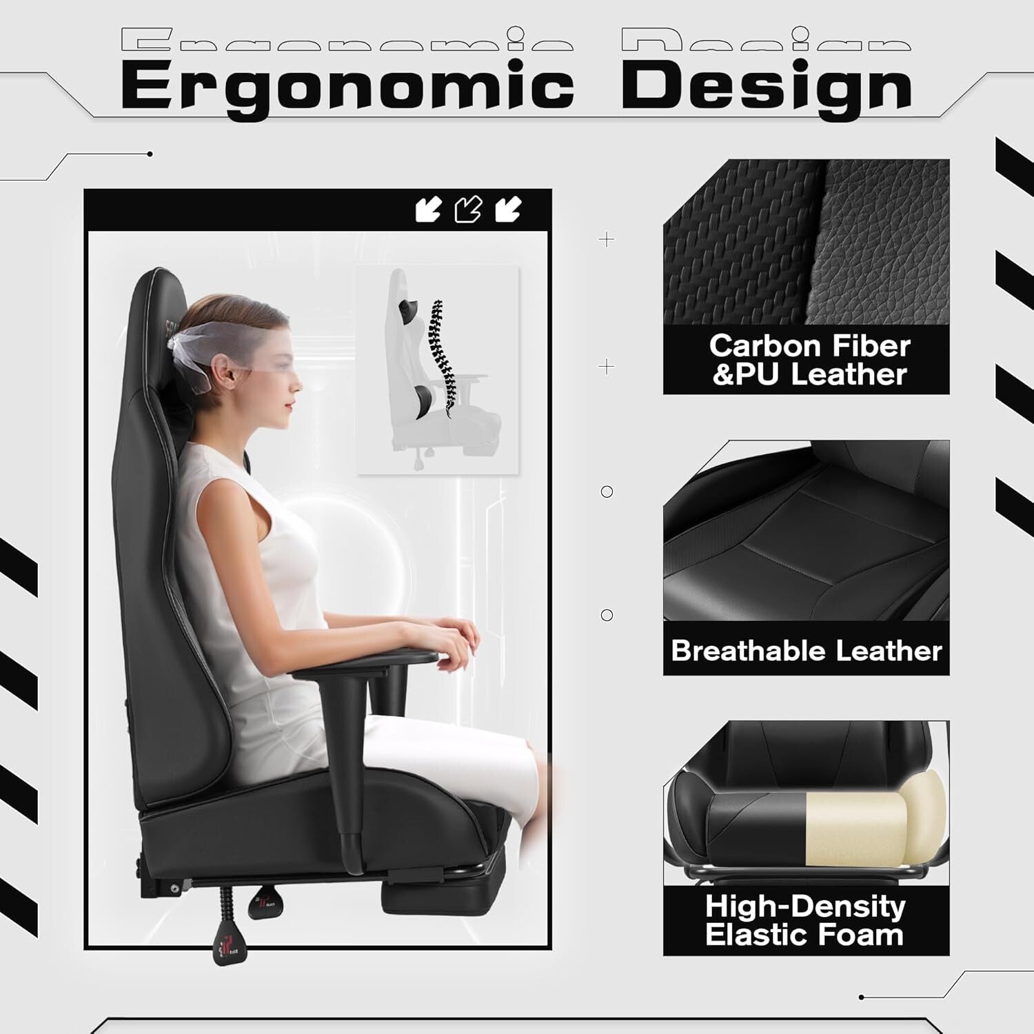 Adjustable Height Gaming Chair with Footrest & 360-Degree Swivel - Modern Black