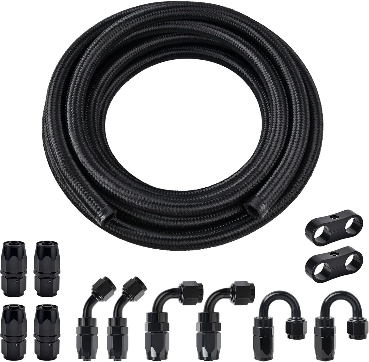 6AN Fuel Hose Kit - 20FT Nylon Braided Line with 10 Swivel Ends & Clamps - Black