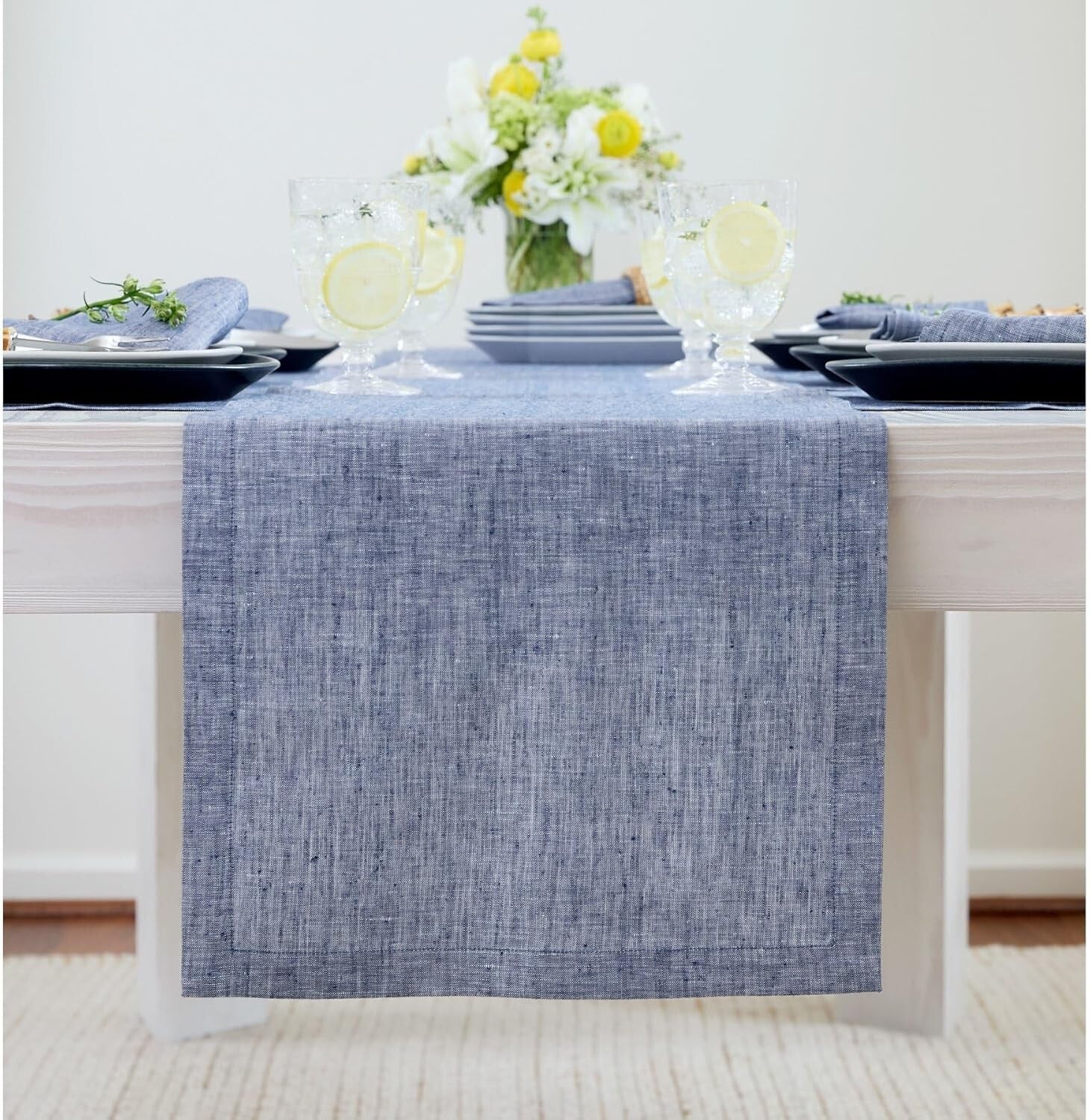 Handcrafted 100% Pure Linen Table Runner - 14 x 108 Inches in Indigo Chambray