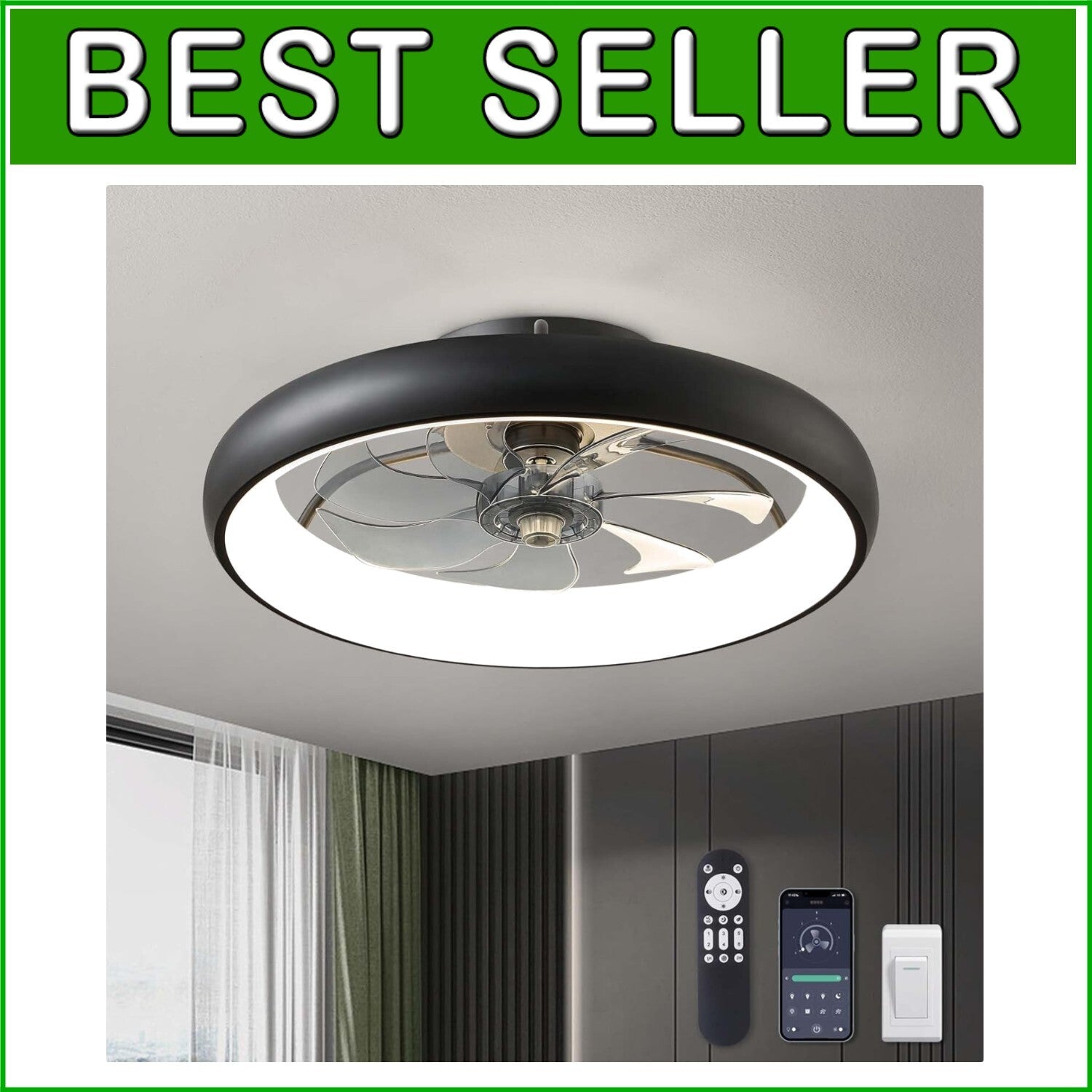 20'' Smart Flush Mount Ceiling Fan with Lights | Remote & App Control - Black