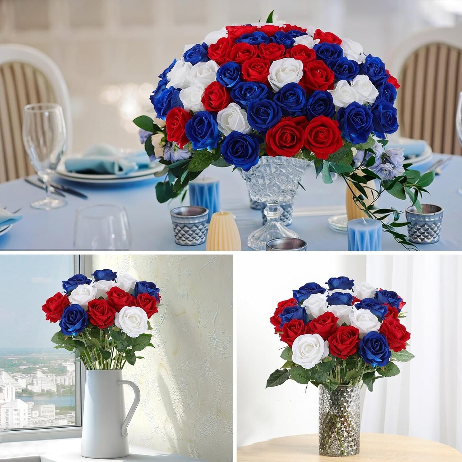 Vibrant Red, White, Blue Faux Roses - Perfect for 4th July Wedding Arrangements