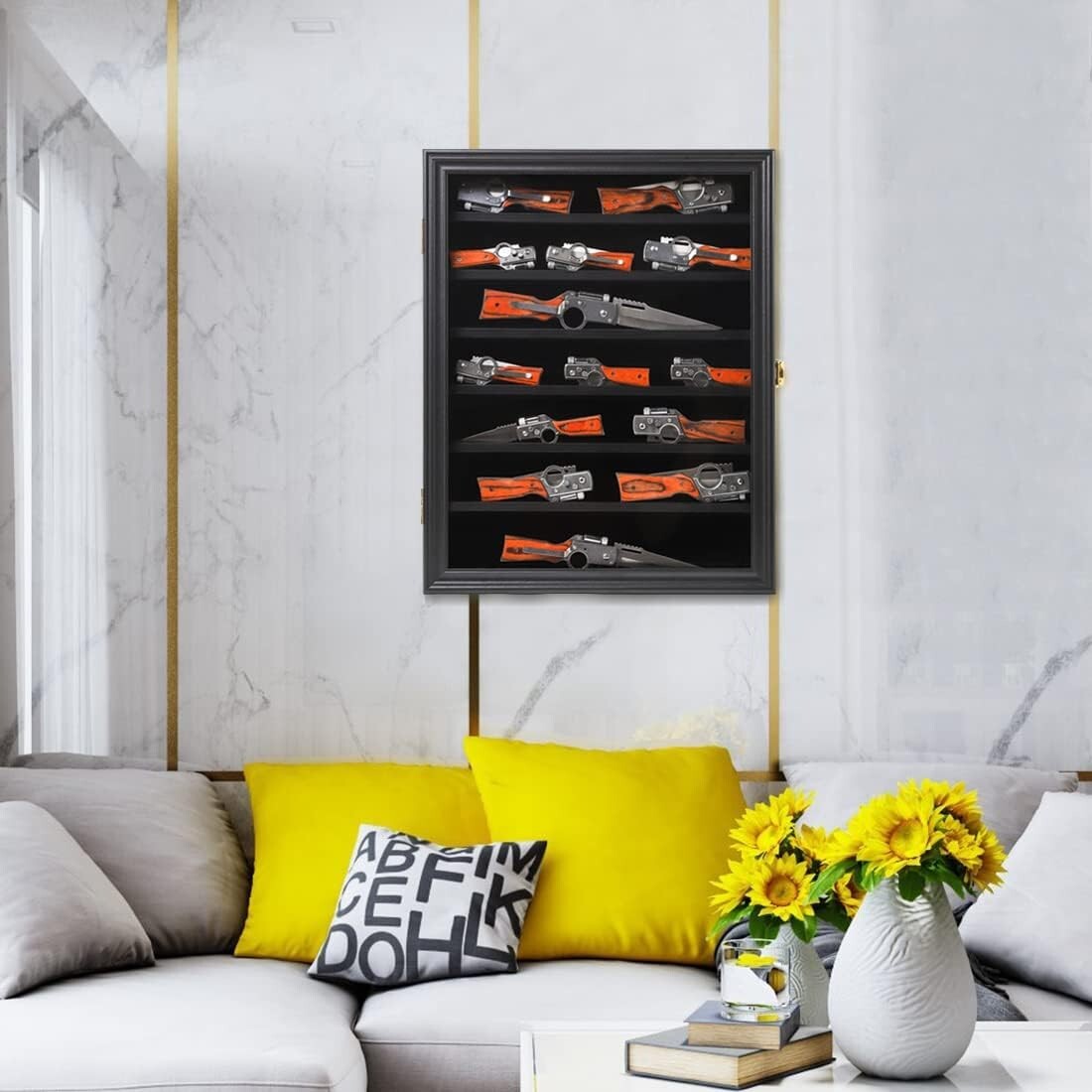 UV-Protected Knife Shadow Box Cabinet with Anti-Theft Features - Black Wood