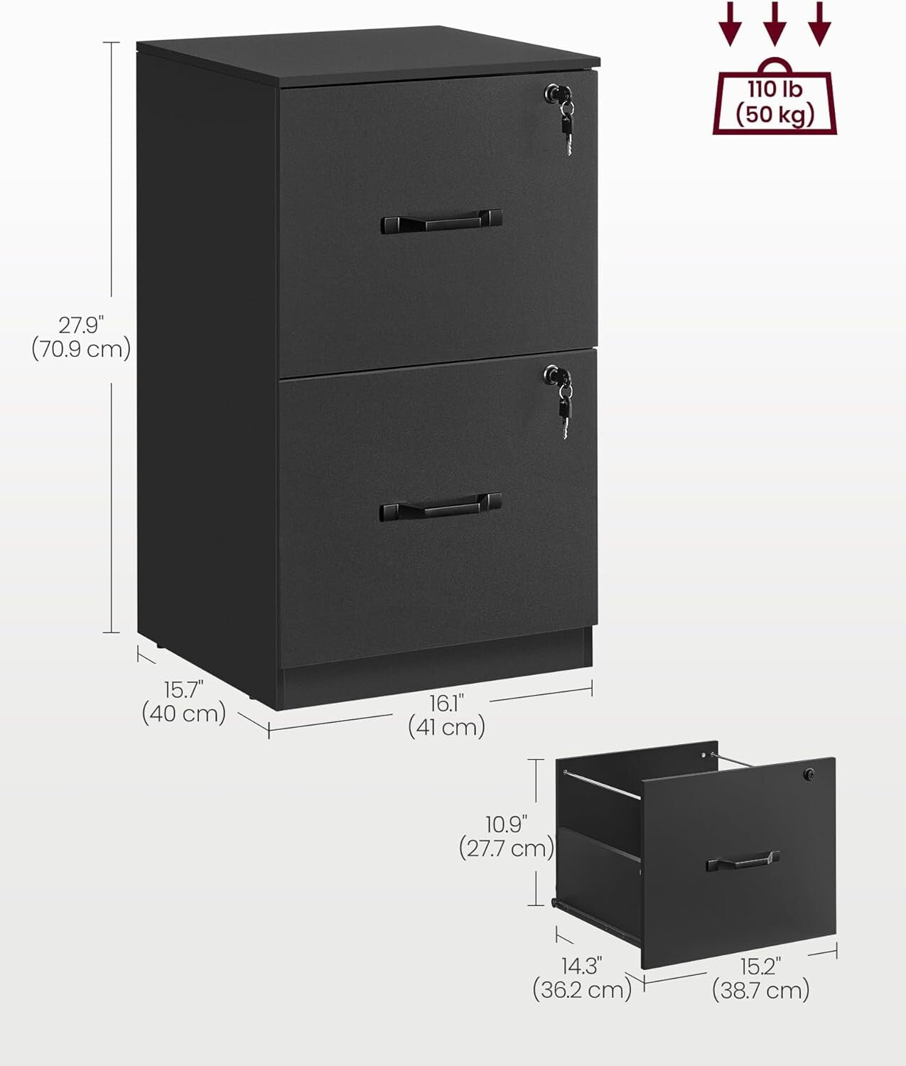 Stylish Ink Black Office Filing Cabinet with Lockable Drawers - Freestanding