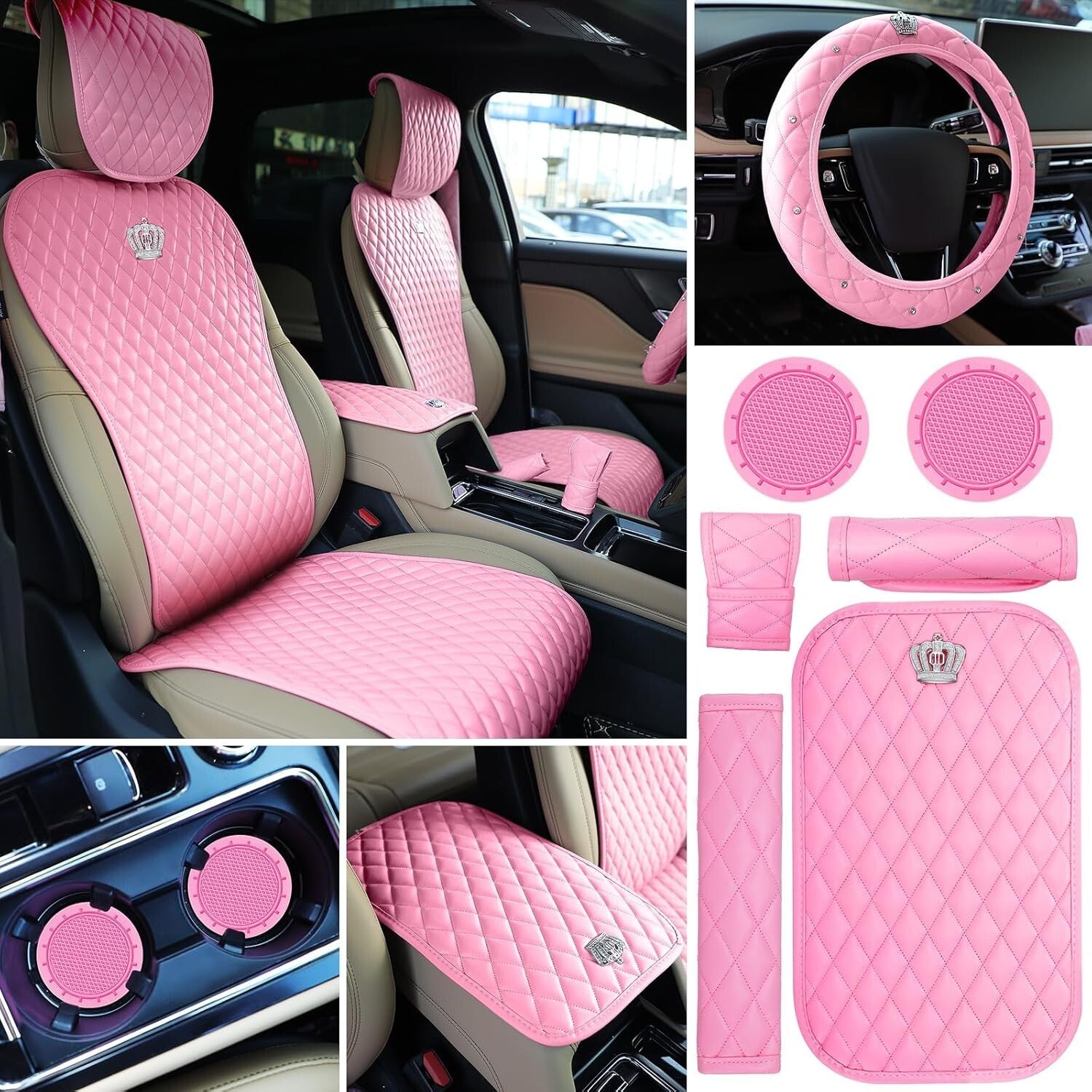 Elegant 14-Piece Pink Car Accessory Collection with Rhinestone Steering Wheel