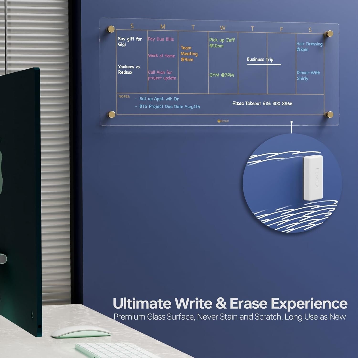 Elegant Glass Weekly Dry Erase Calendar with 4 Markers - 23x9.5 for Home Office