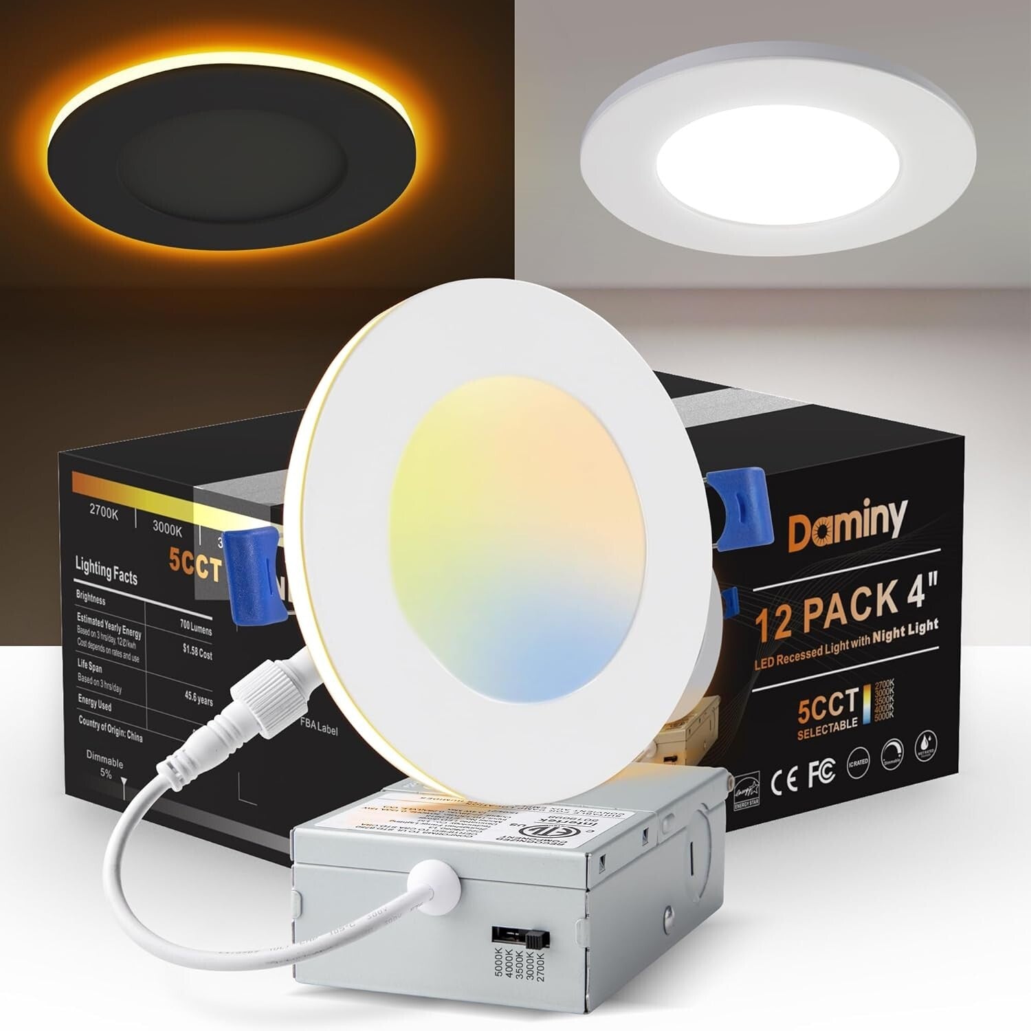 12-Pack 4 Inch Dimmable LED Recessed Lighting - 5 Color Options, ETL Approved