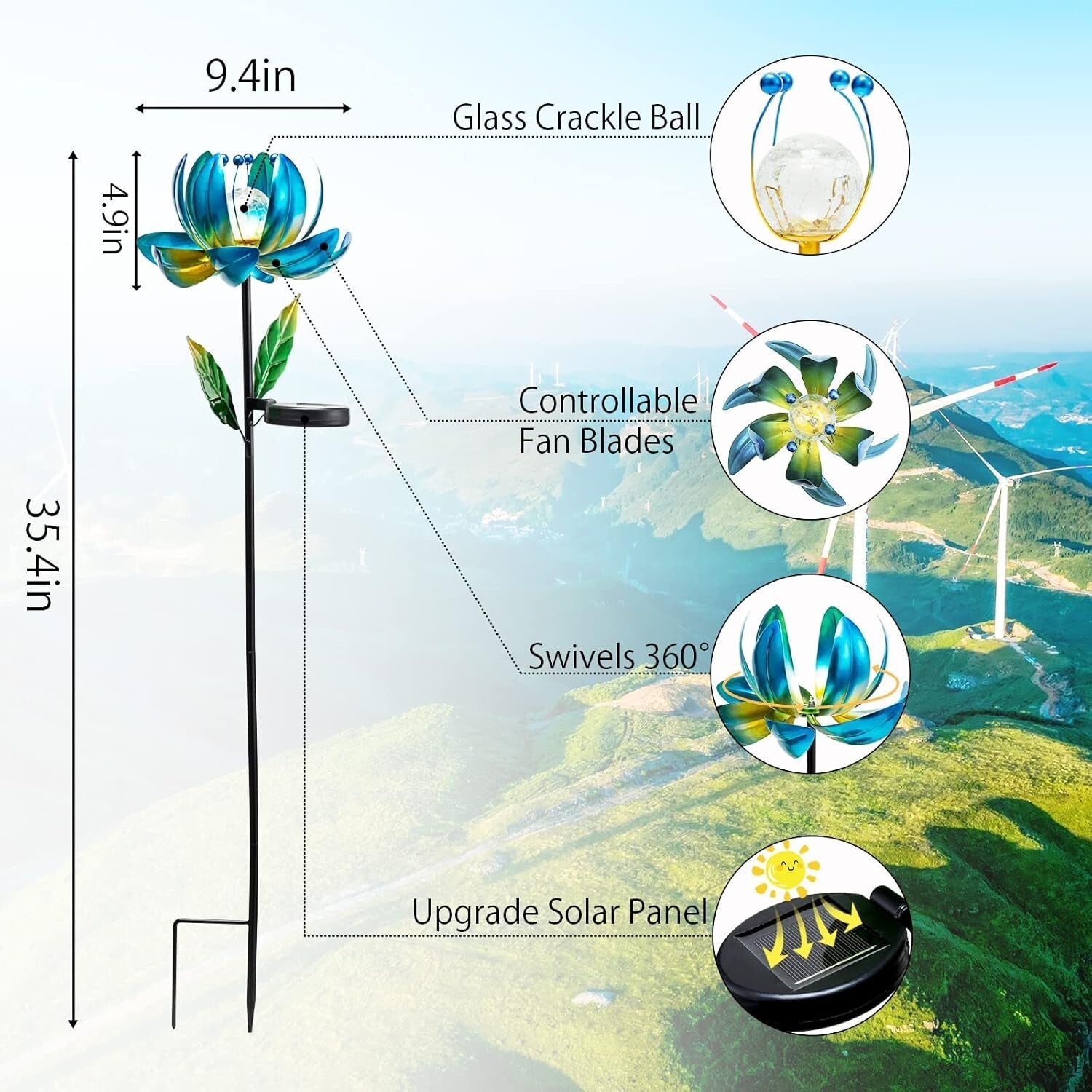 Art Deco Solar Flower Wind Spinner - Elegant 35.4