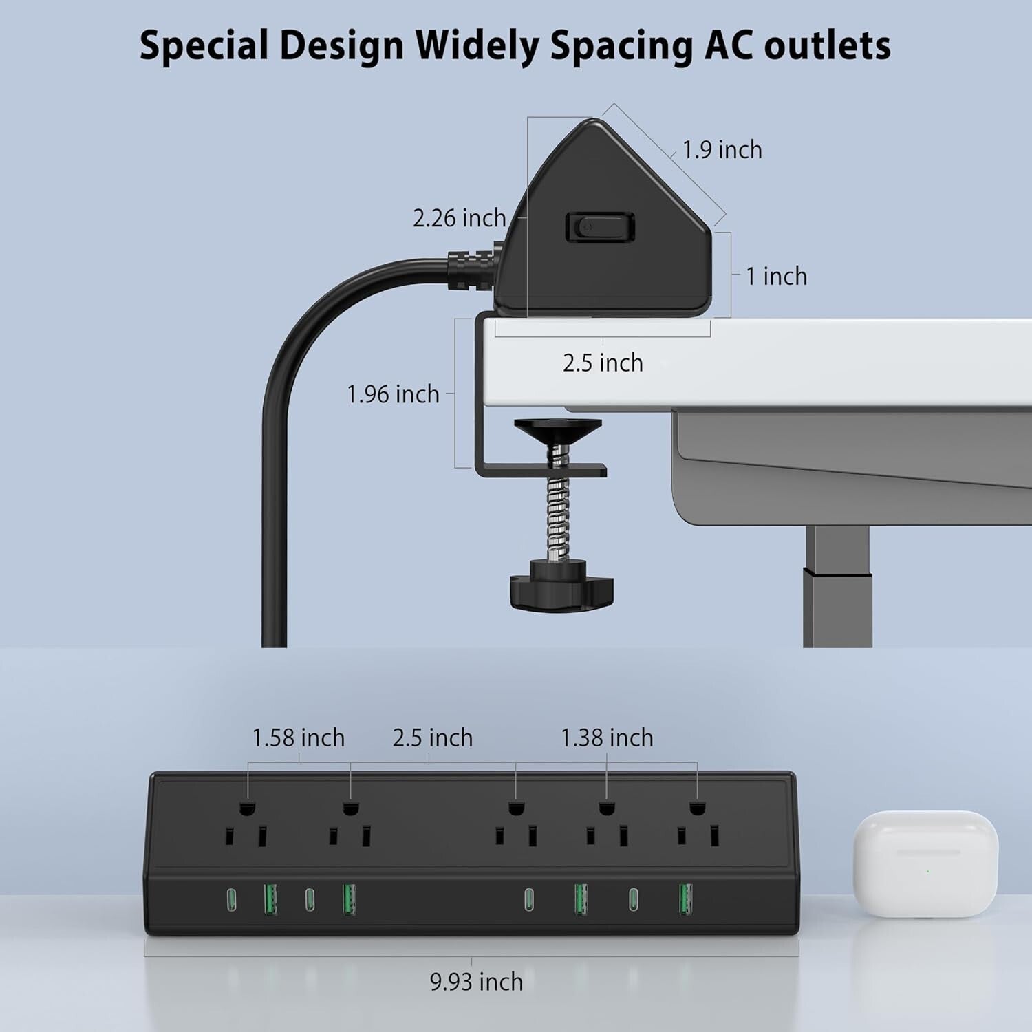45W Desk Clamp Power Strip with 4 USB-C Ports and 5 Outlets – Surge Protection
