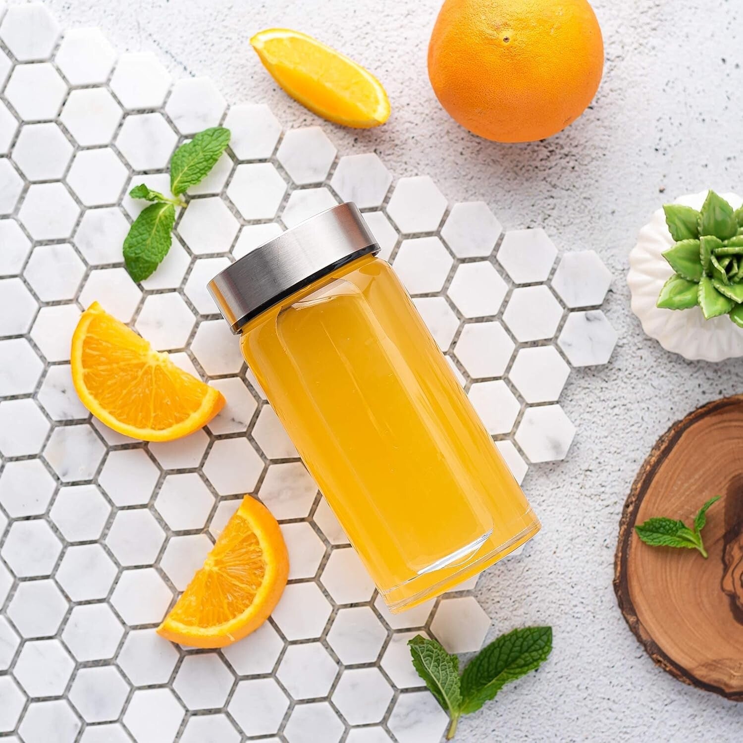 Reusable 10 oz Glass Bottles with Stainless Steel Lids - 4 Pack Privacy & Style