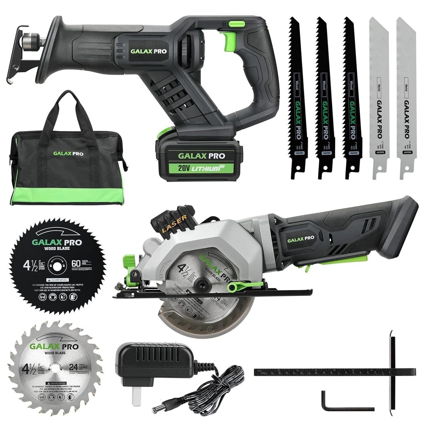 Cordless Circular & Reciprocating Saw Kit with Battery, Charger, 7 Blades & Bag